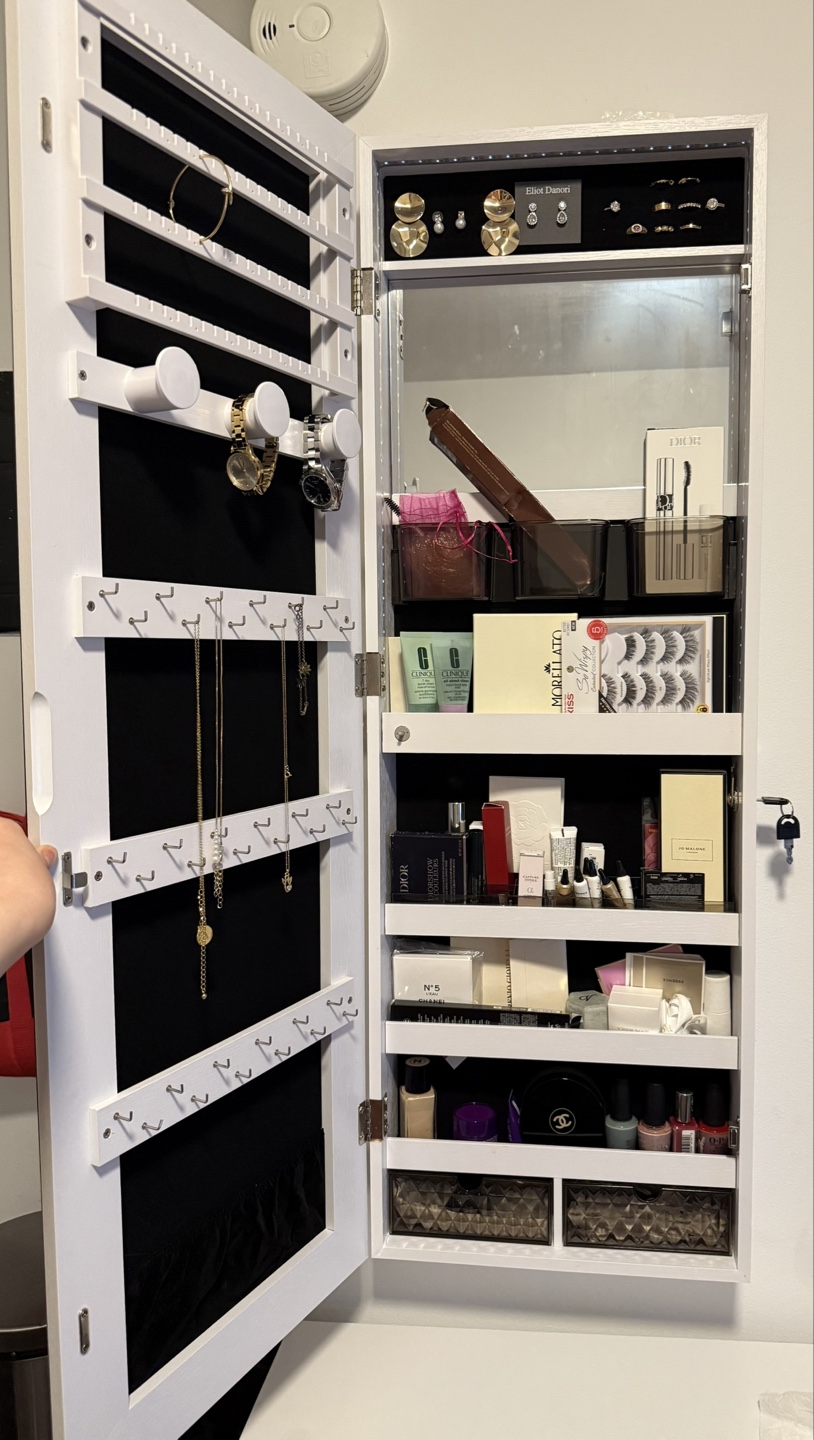 Lockable Wall-Mounted Mirror Jewelry Cabinet – White - photo 3