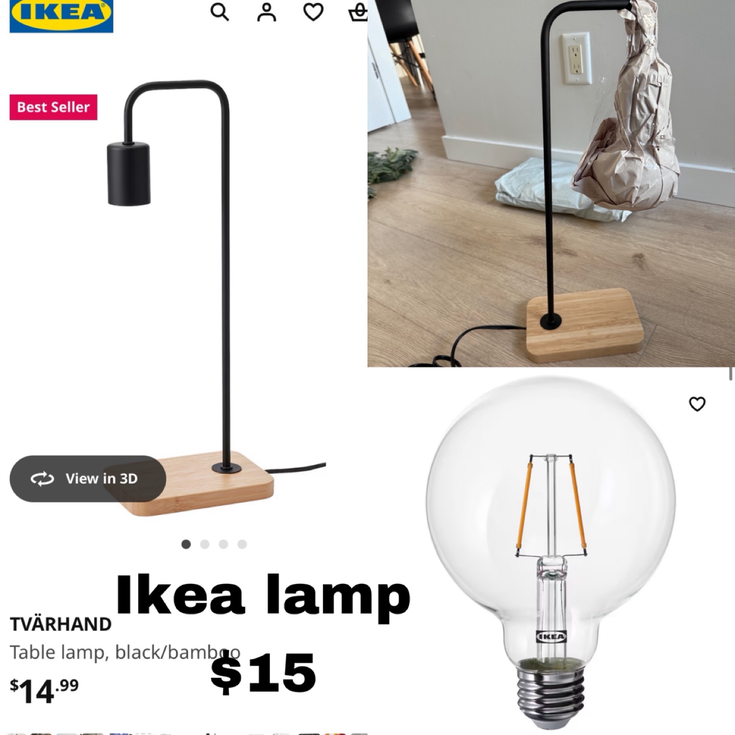 IKEA TVÄRHAND Table Lamp - Black/Bamboo