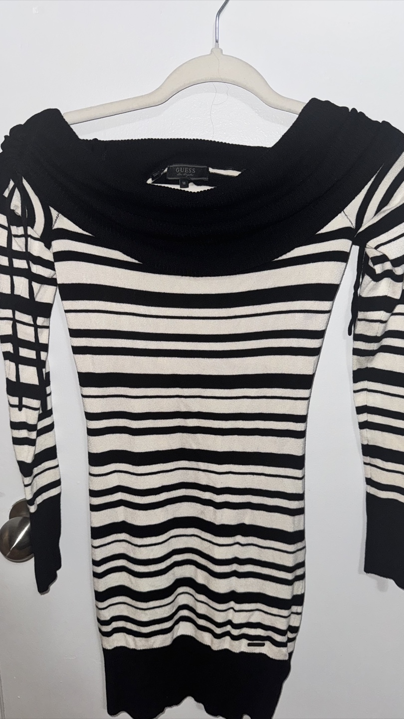 GUESS Black and White Striped Sweater Dress