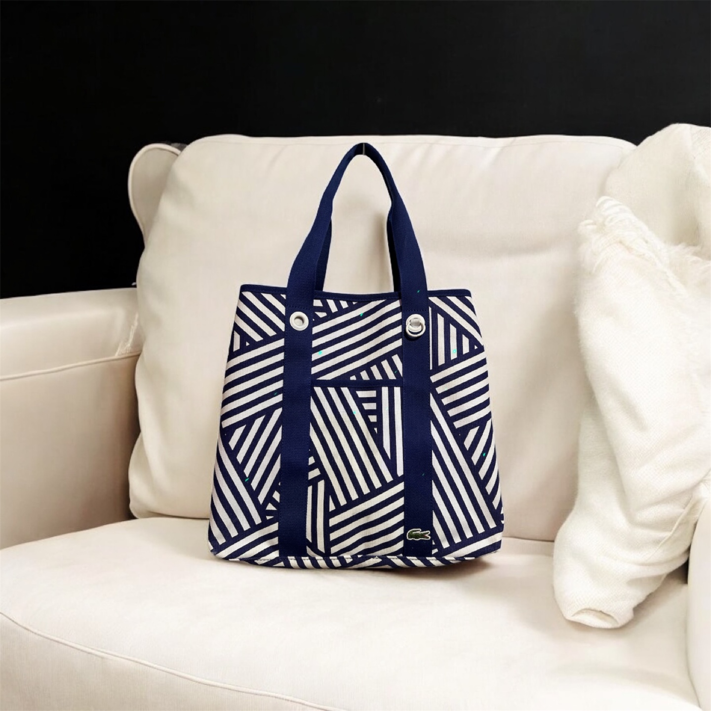 Lacoste Beach Tote Bag Blue White Canvas w/ Matching Coin Purse - photo 2