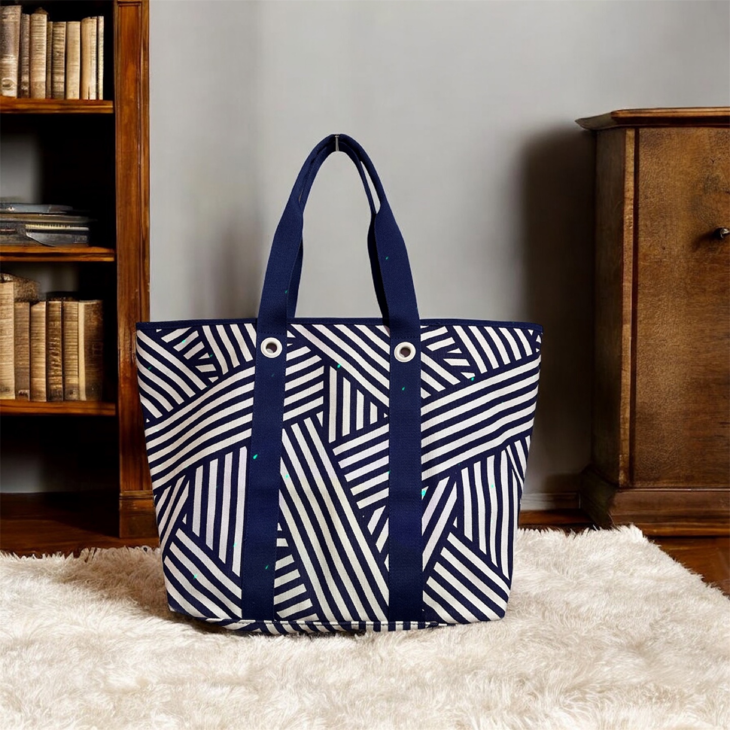 Lacoste Beach Tote Bag Blue White Canvas w/ Matching Coin Purse - photo 3