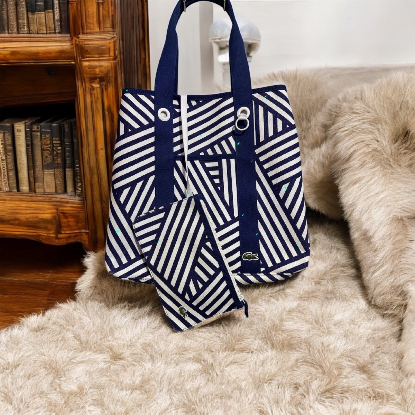 Lacoste Beach Tote Bag Blue White Canvas w/ Matching Coin Purse - photo 5