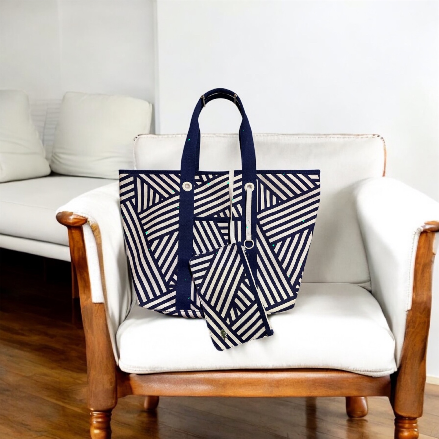 Lacoste Beach Tote Bag Blue White Canvas w/ Matching Coin Purse