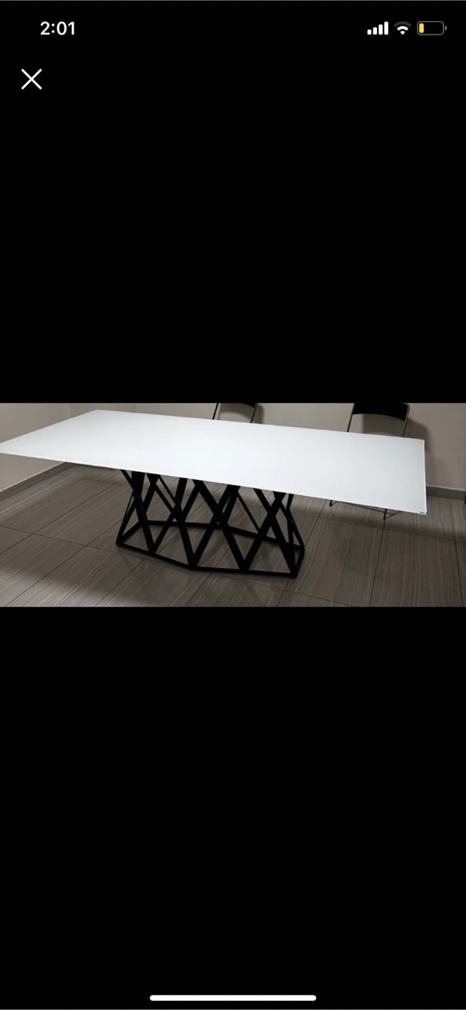 Modern White Glass Dining Table with Black Metal Geometric Base