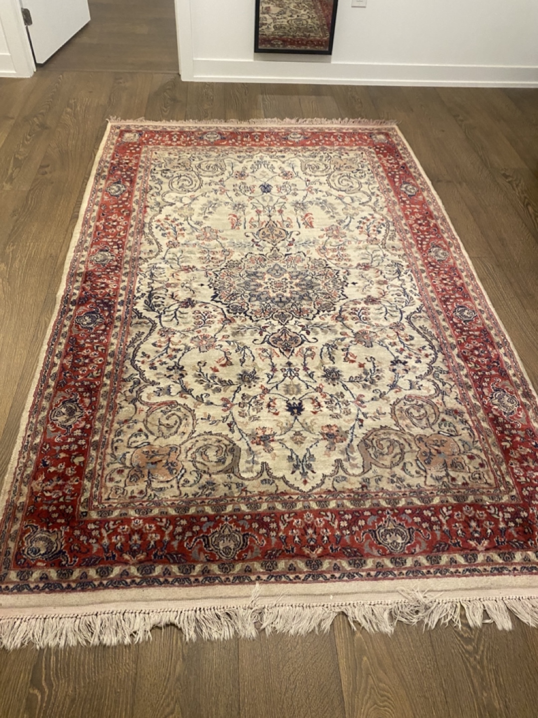 Vintage Hand knotted Oriental Rug, Cream and Red Floral Pattern - photo 2