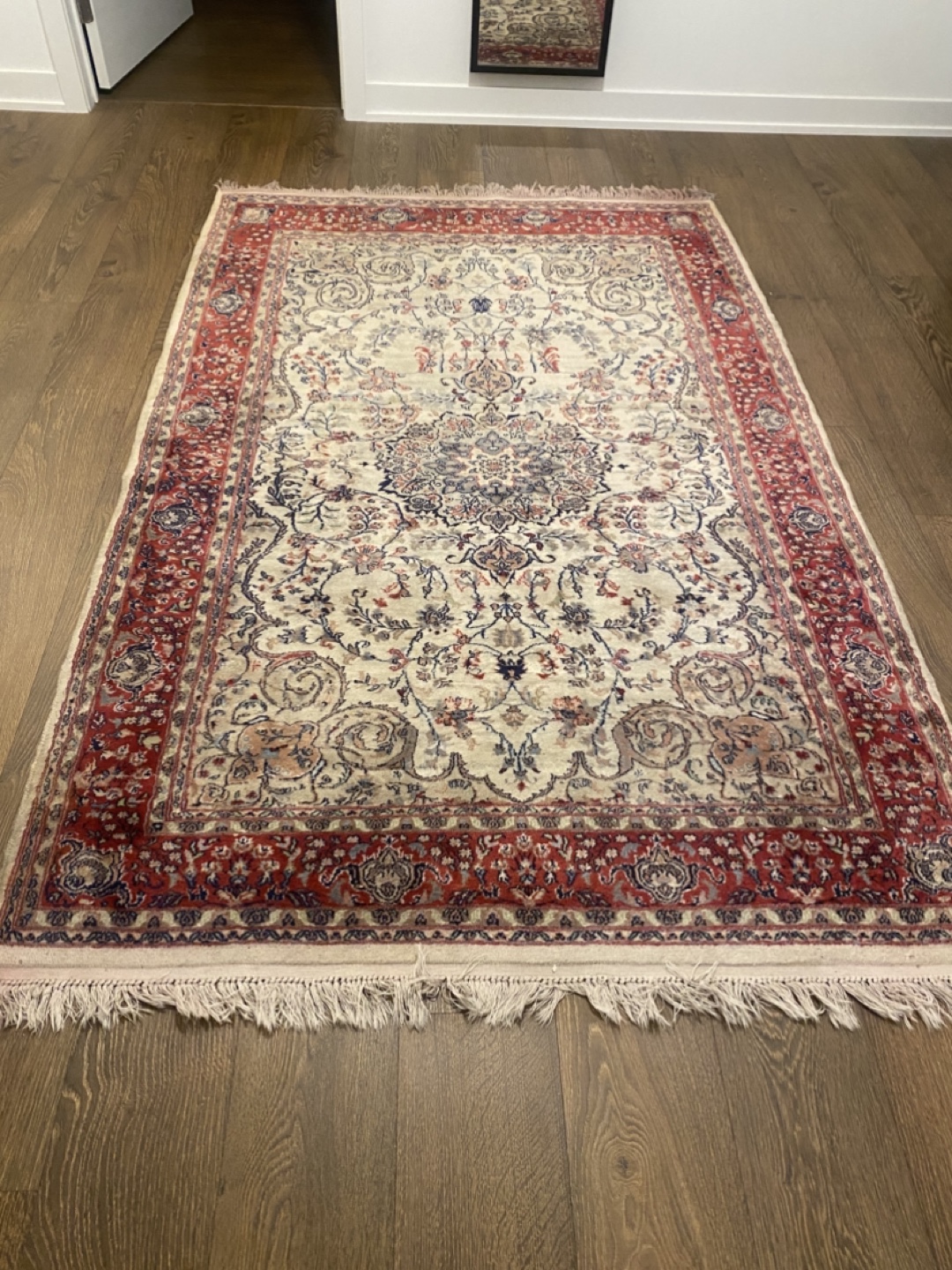 Vintage Hand knotted Oriental Rug, Cream and Red Floral Pattern - photo 3
