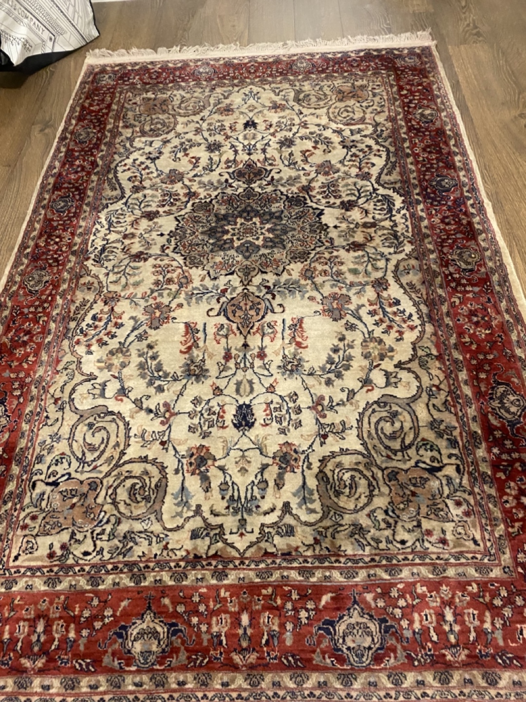 Vintage Hand knotted Oriental Rug, Cream and Red Floral Pattern