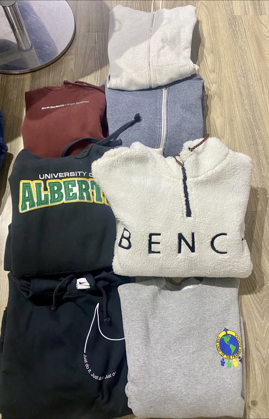 Hoodies and zip up sweaters.