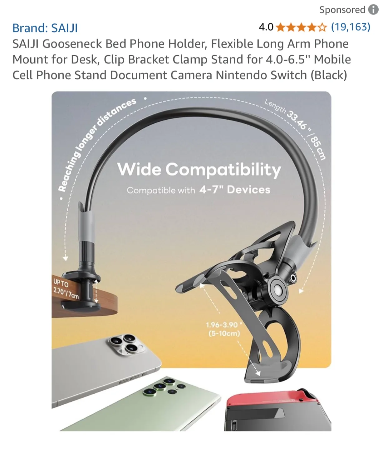 SAIJI Gooseneck Phone Holder - Flexible Long Arm Clamp Stand image indicator(2)