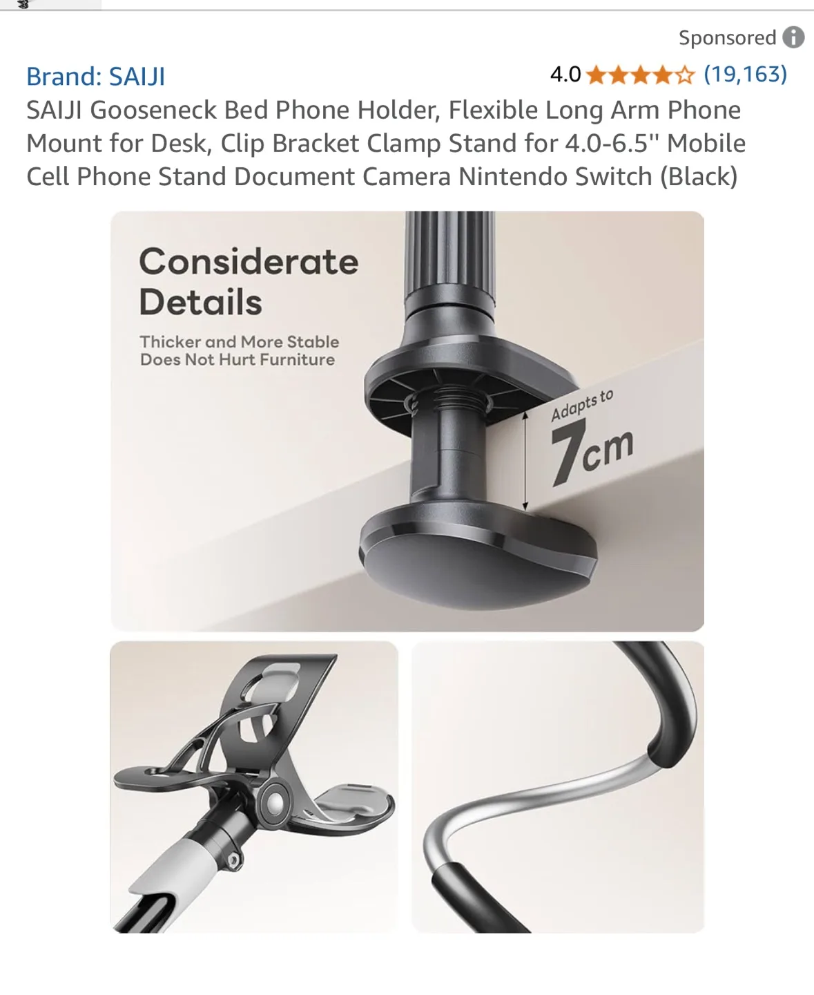 SAIJI Gooseneck Phone Holder - Flexible Long Arm Clamp Stand image indicator(3)