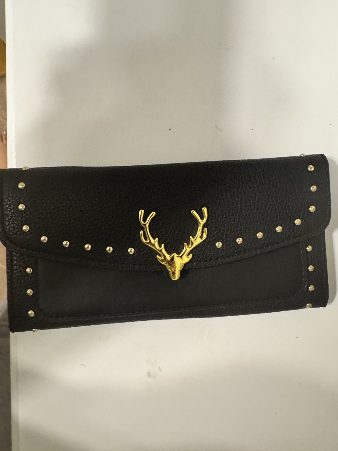 Black Studded Wallet with Gold Deer Accent