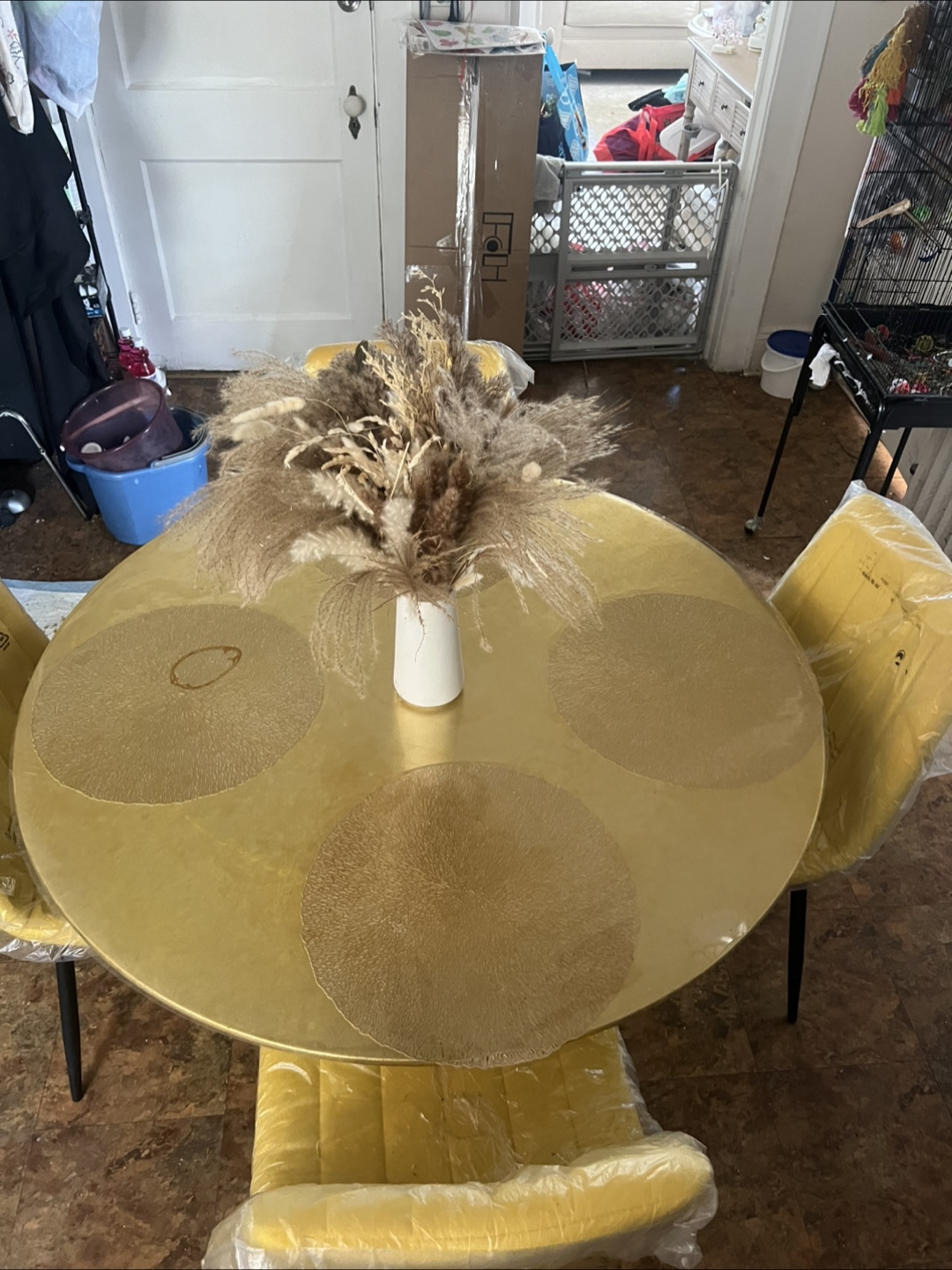 Gold Round Dining Table with Four Mustard Yellow Chairs - photo 2