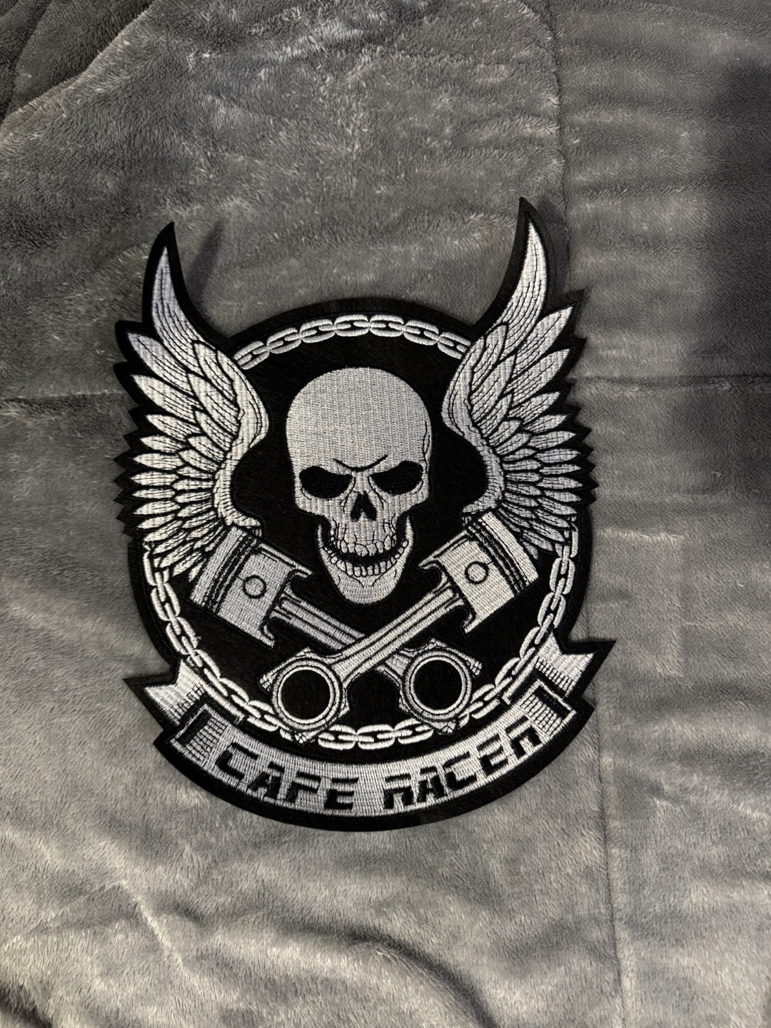 Set of 4 embroidered patches: skulls, snake, and cafe racer