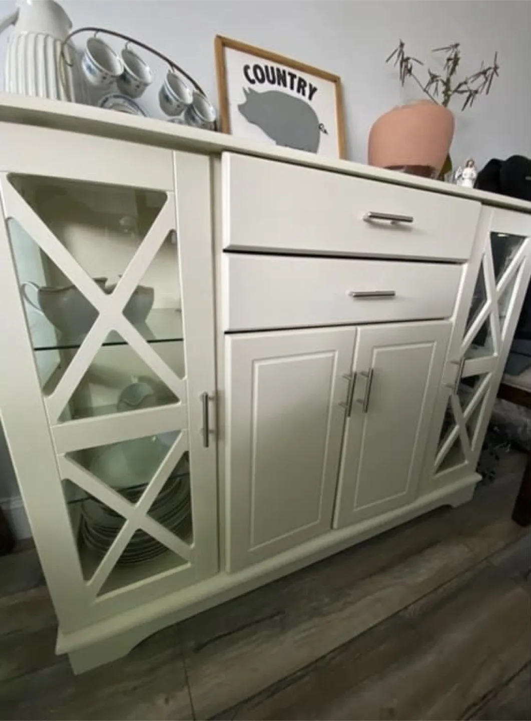 Antique White Buffett Server Sideboard Liquor Wine Cabinet image indicator(4)