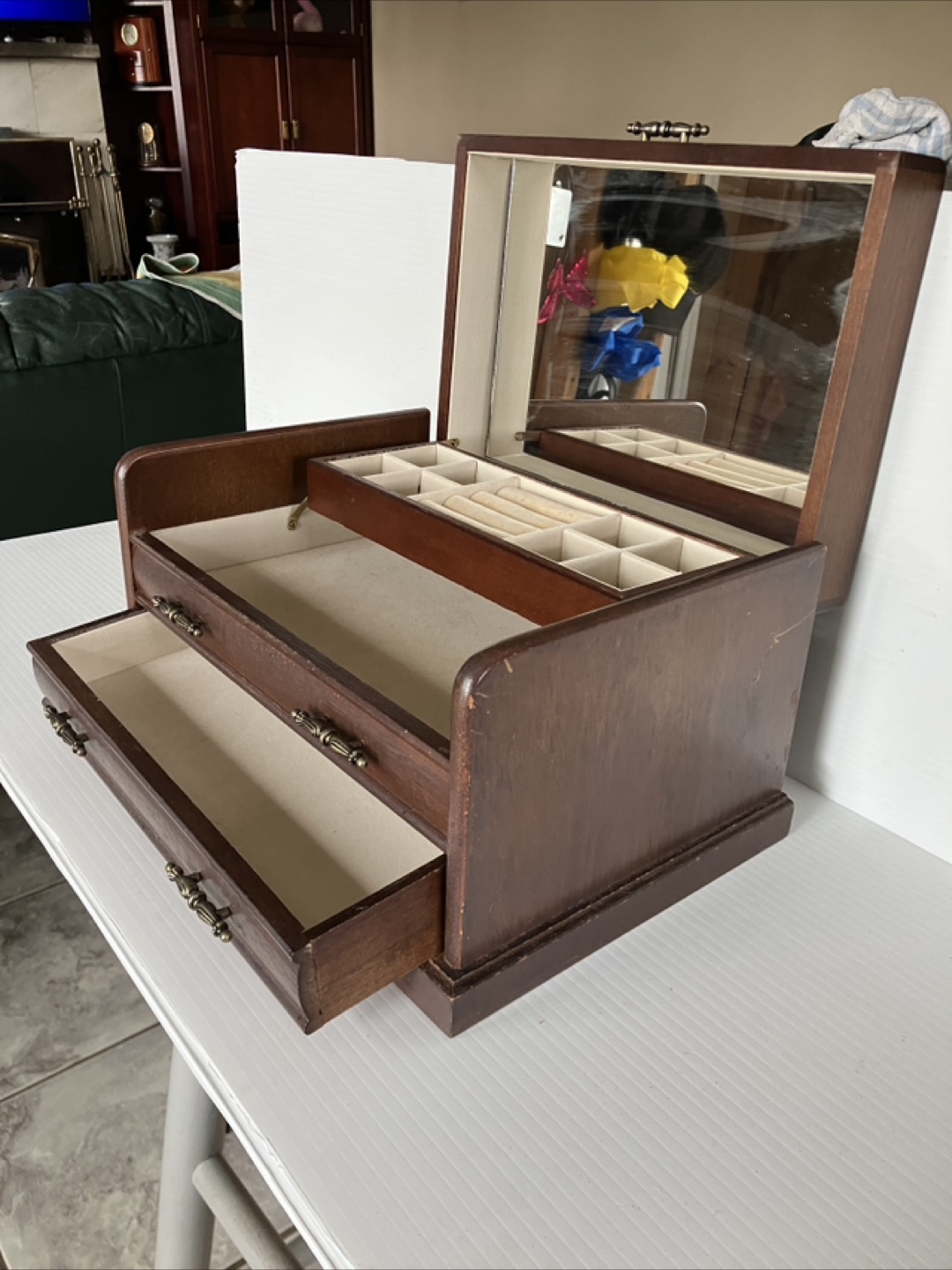 Vintage Wooden Jewellery Box with Mirror