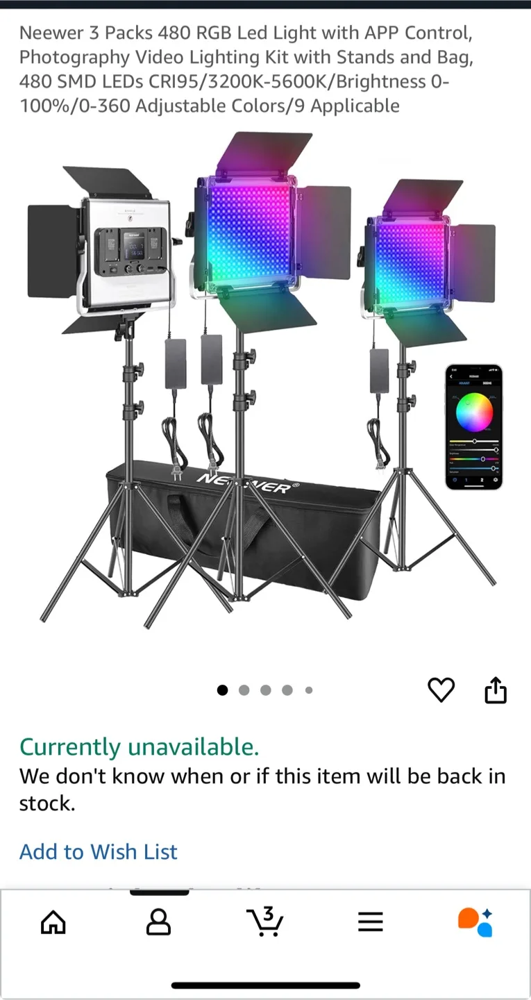 Neewer 3-Pack 480 RGB LED Light Kit with App Control image indicator(5)