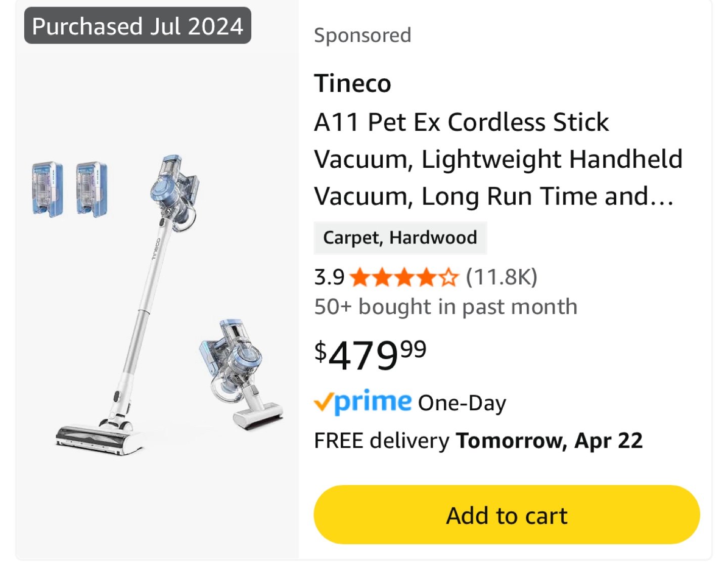 Tineco A11 Pet Ex Cordless Stick Vacuum - photo 2