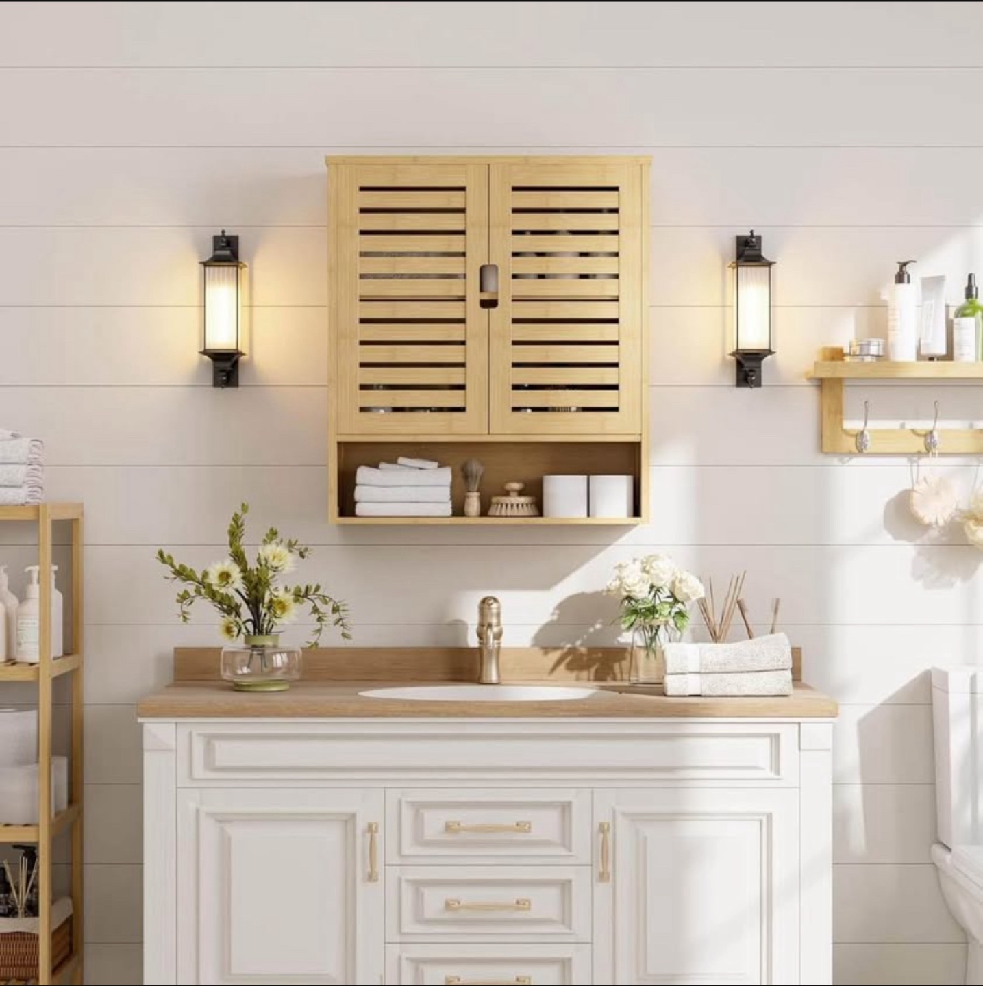 Bamboo Wall Mounted Bathroom Cabinet with Adjustable Shelves - photo 4