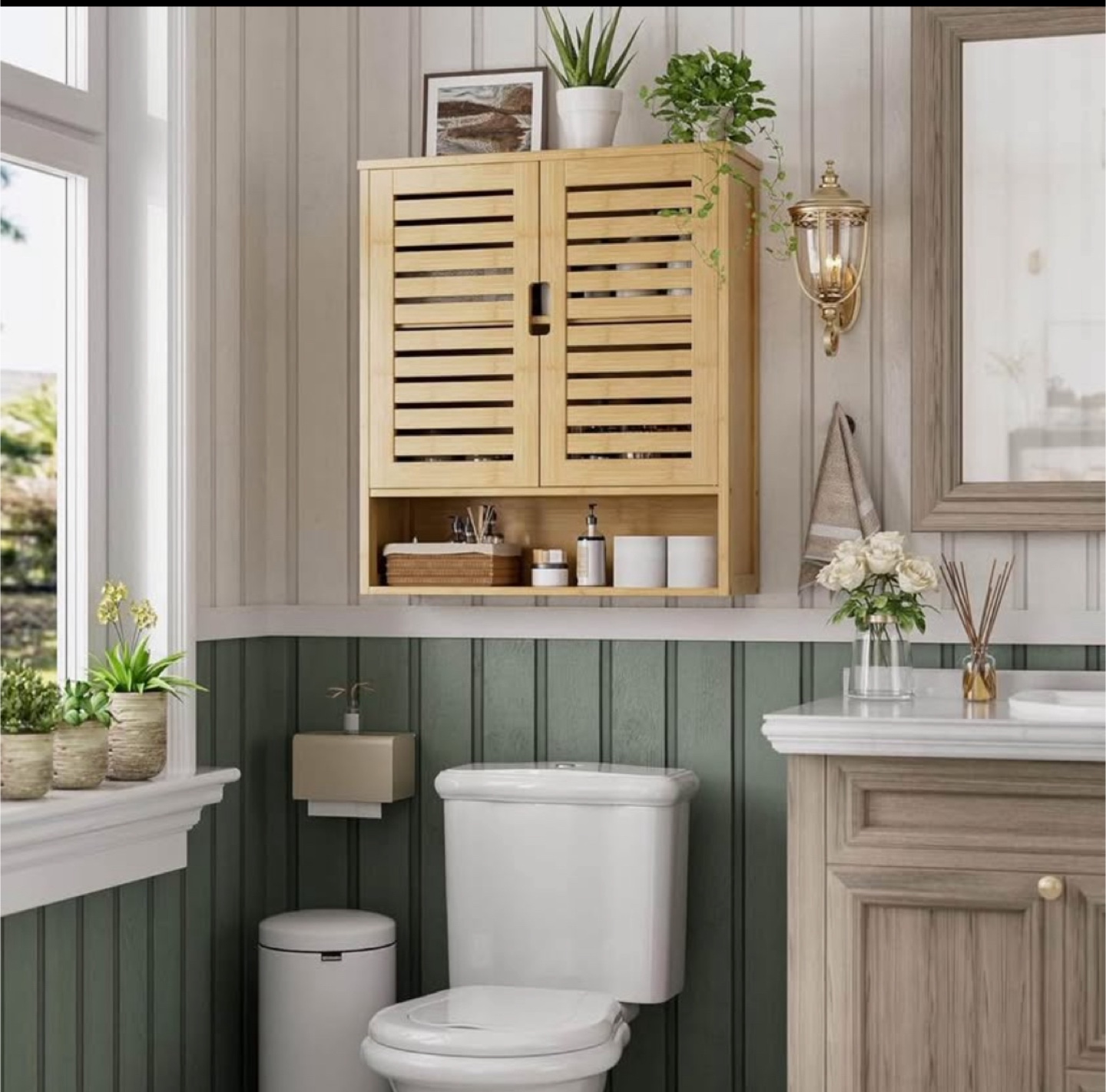 Bamboo Wall Mounted Bathroom Cabinet with Adjustable Shelves - photo 2
