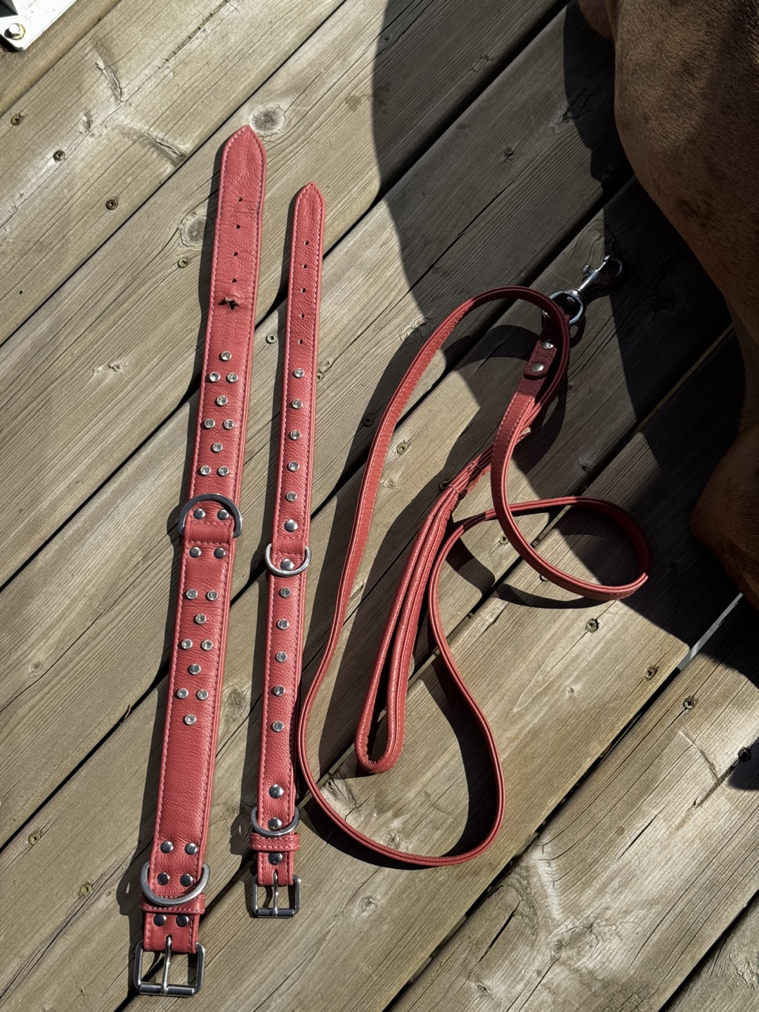 Two Pink Leather Dog Collars and Leash Set