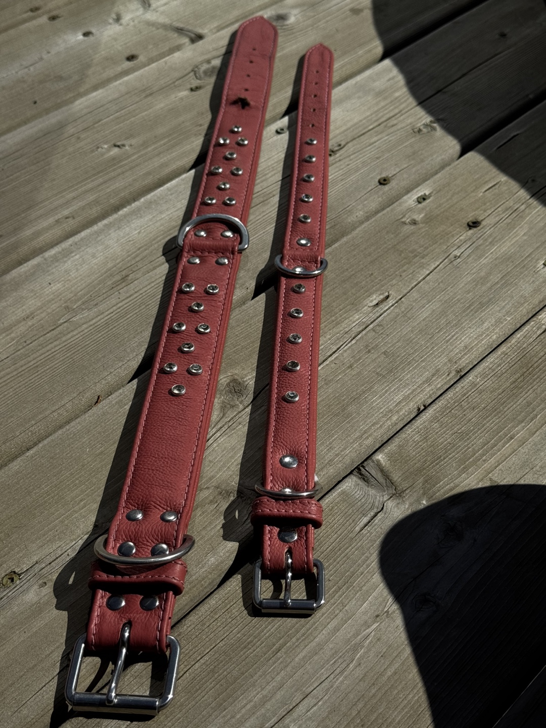 Two Pink Leather Dog Collars and Leash Set - photo 3