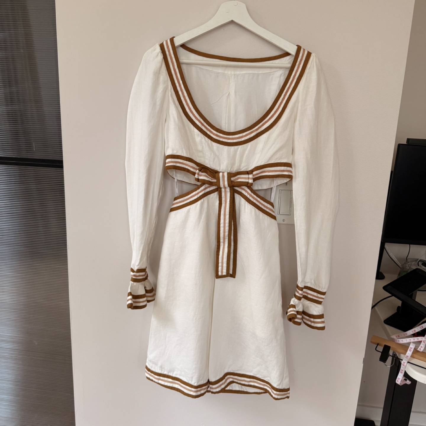 white linen&cotton mini dress with brown stripes