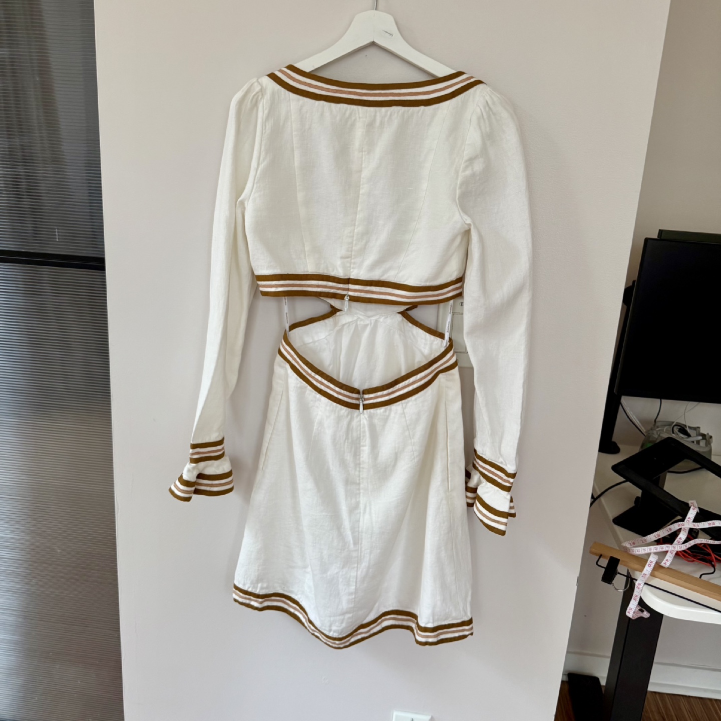 white linen&cotton mini dress with brown stripes - photo 2