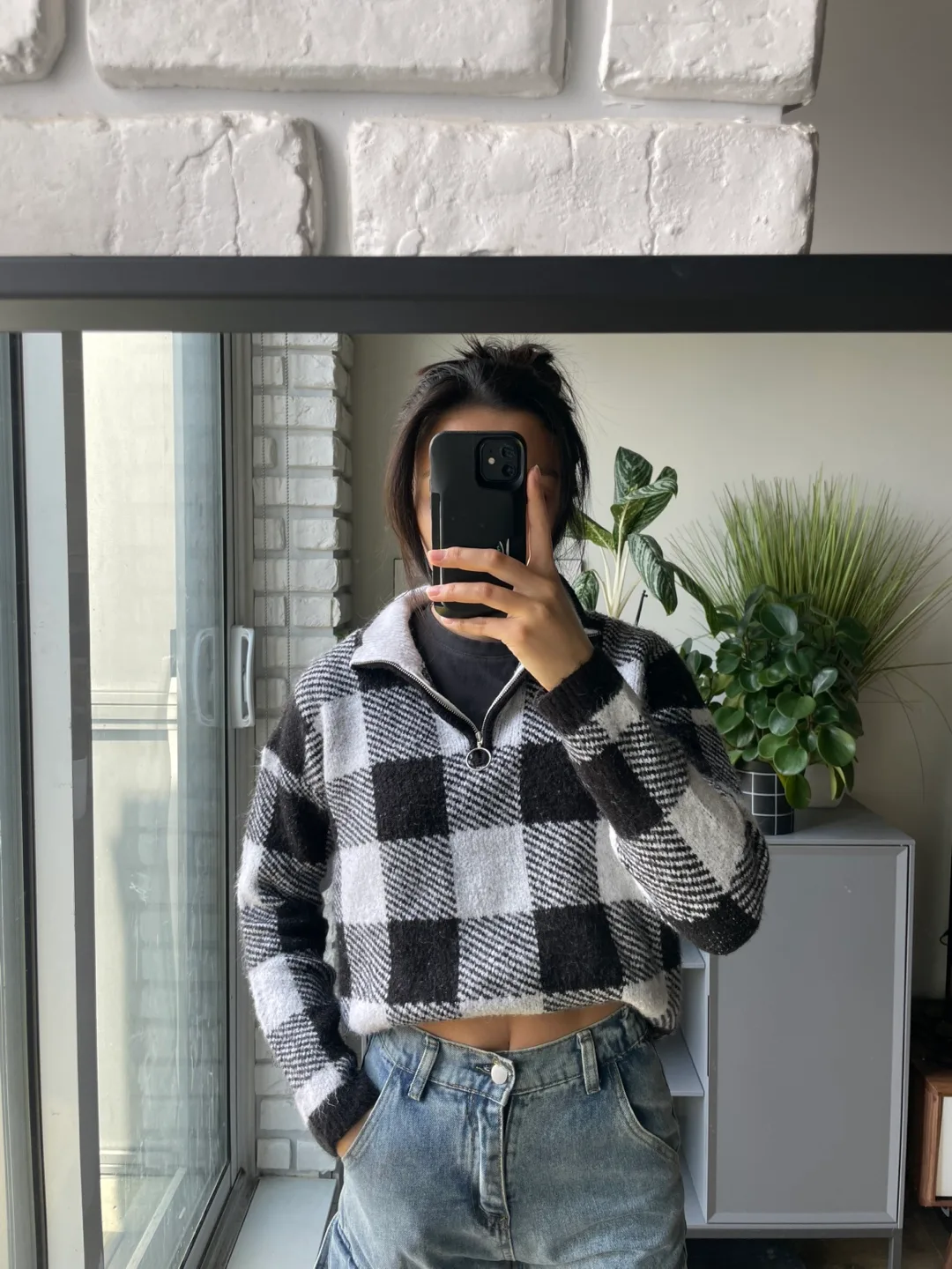 Black and White Buffalo Check Knit Sweater thumbnail