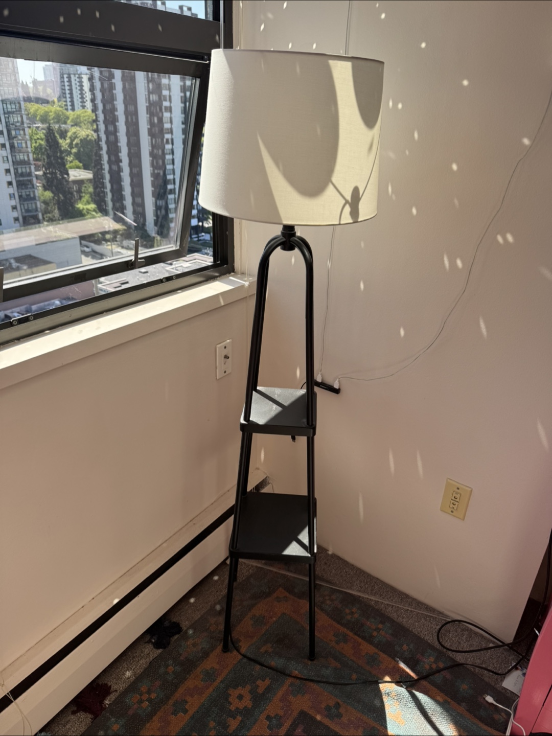 Black Floor Lamp with Shelves and Cream Shade