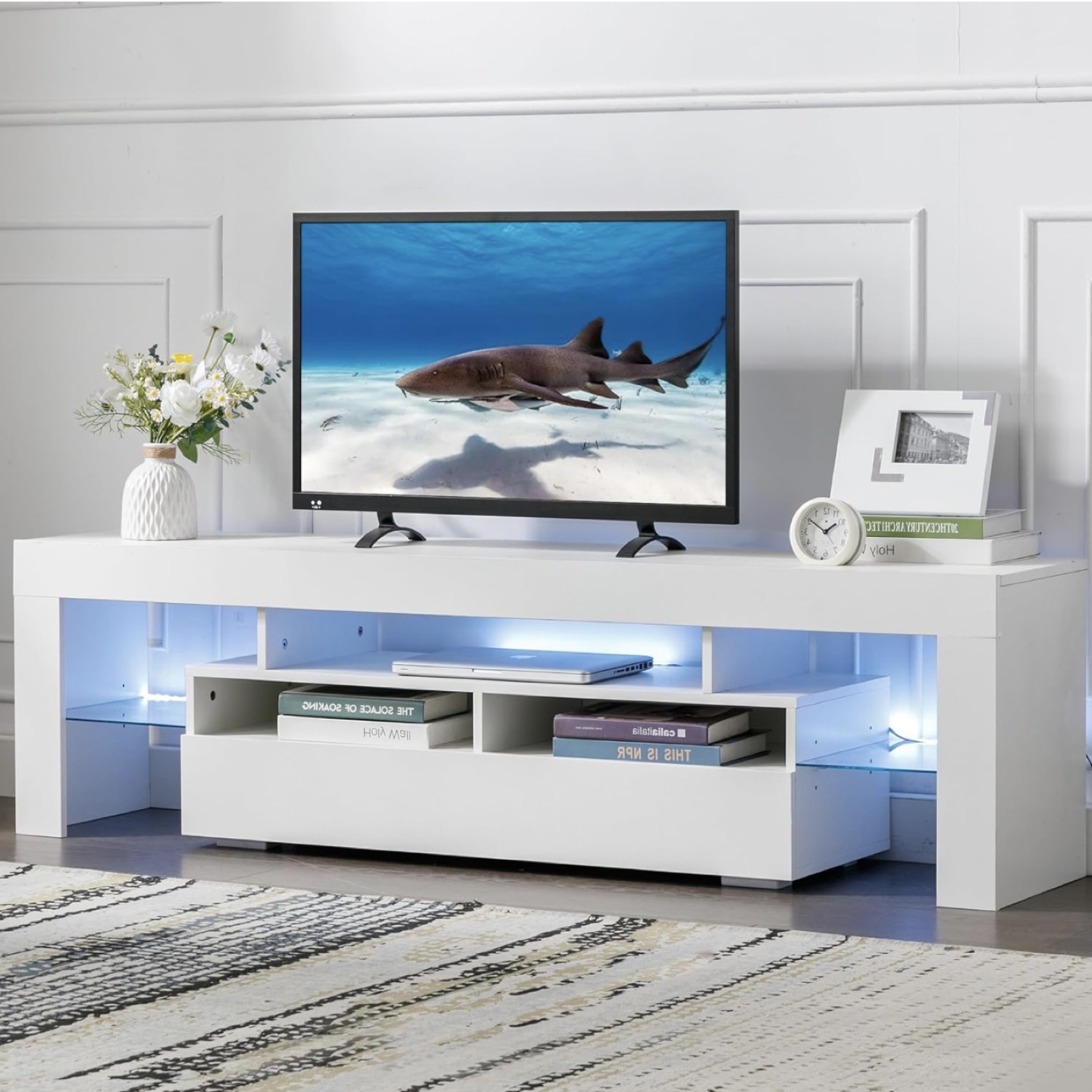 BRAND NEW / UNOPENED White TV Stand with LED Lights and Shelves