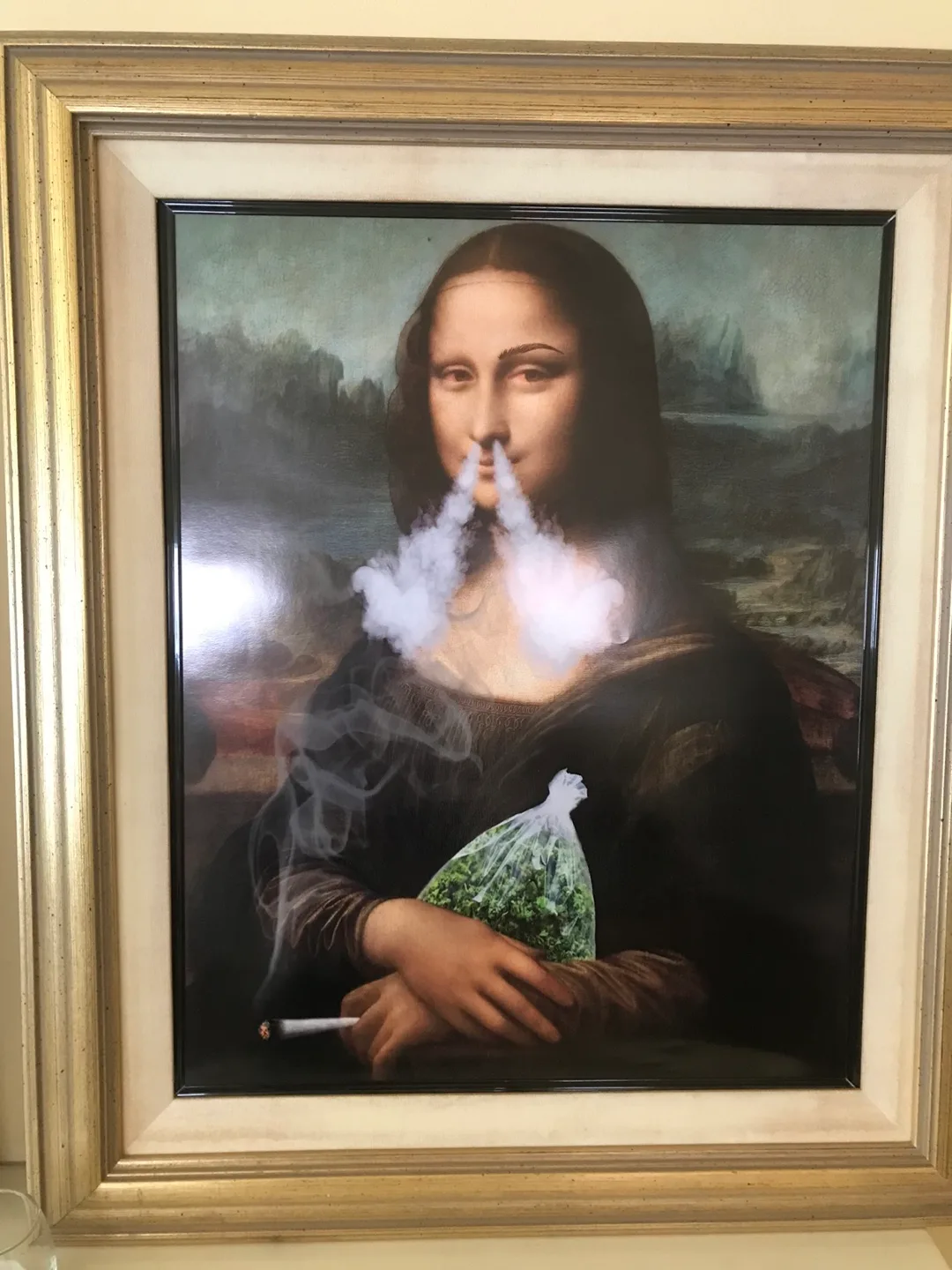 Mona Lisa Smoking Weed Poster with Black Frame image indicator(2)