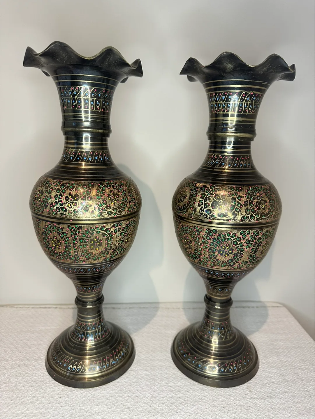 Pair of Vintage Brass Vases with Intricate Detail thumbnail
