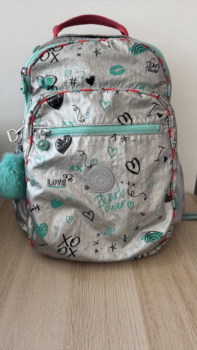 Kipling Girl's Backpack, Silver Graffiti Print