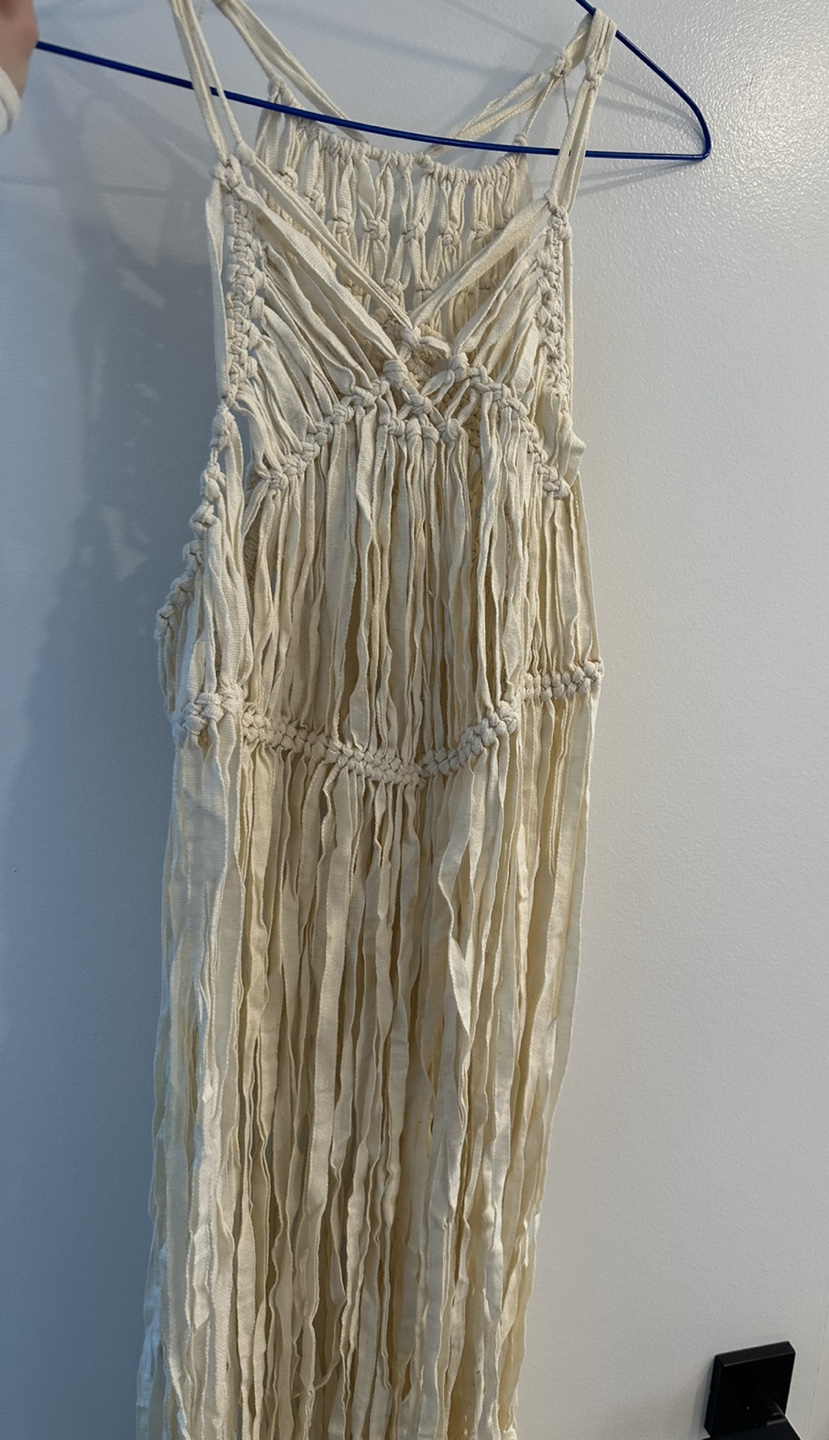 Cream Crochet Knitted Fringe Maxi Coverup