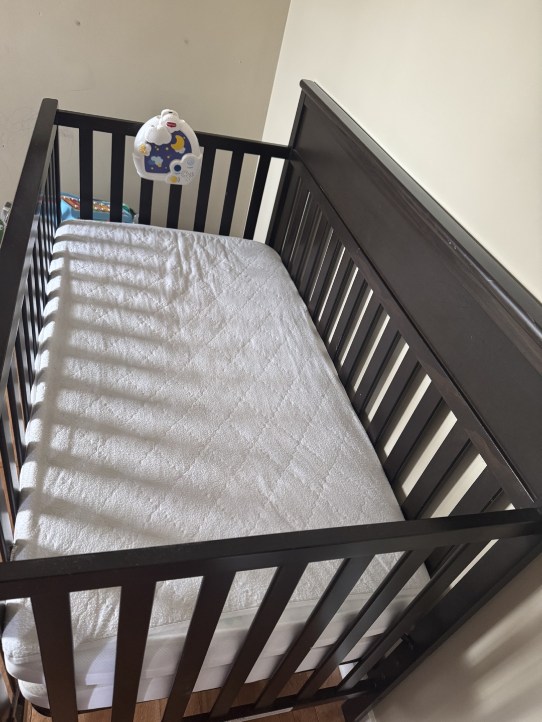 Dark Brown Baby Crib with Tiny Love Soother