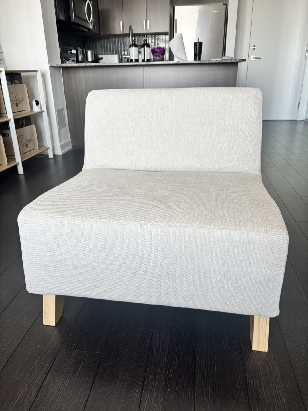 Beige Fabric Armchair with Wooden Legs - photo 2