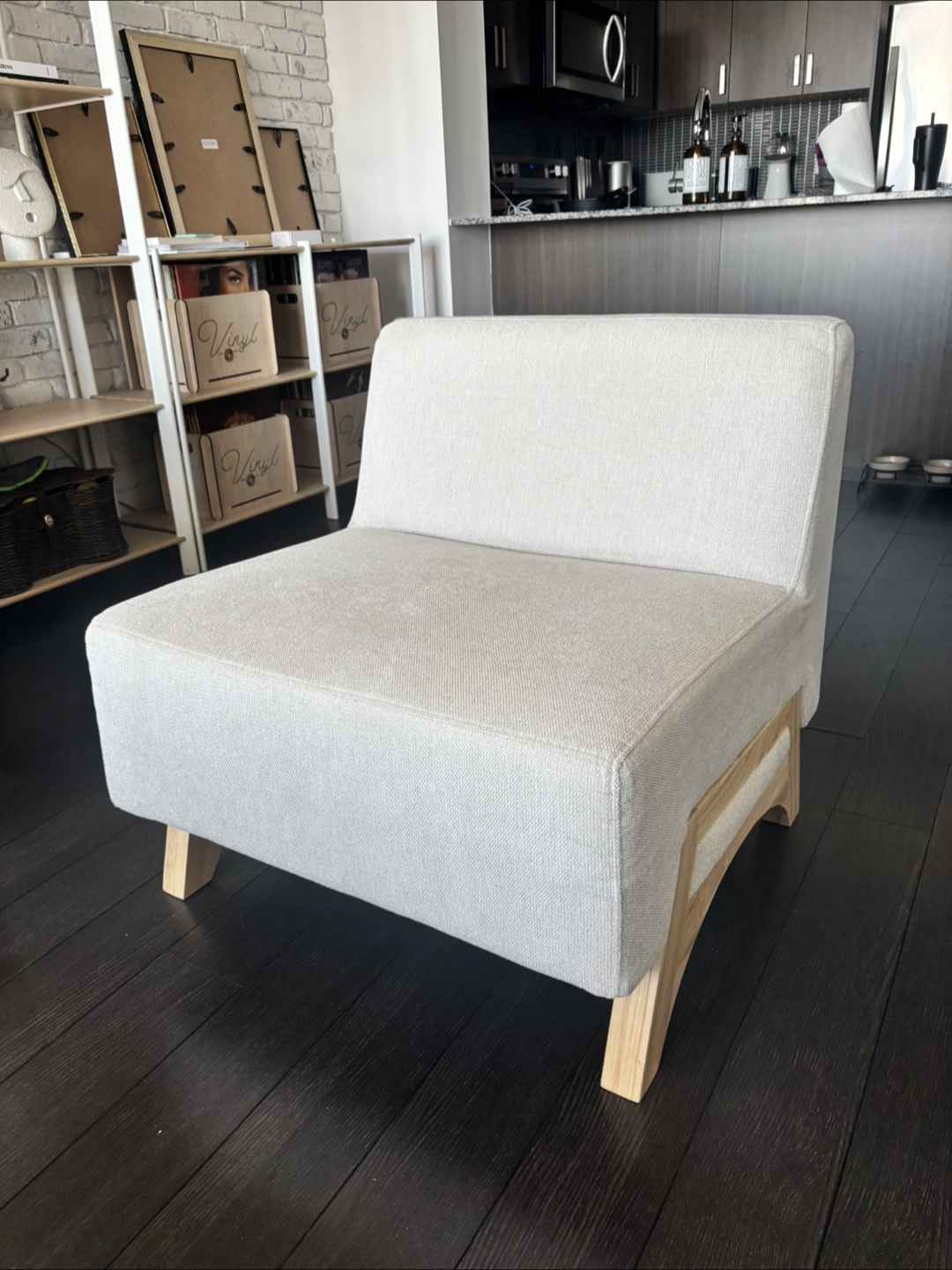 Beige Fabric Armchair with Wooden Legs