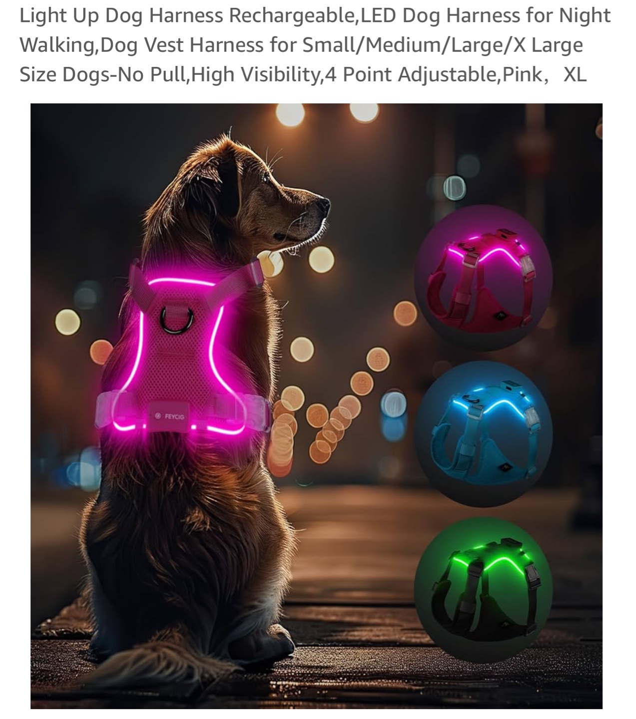 LED Light Up Dog Harness - Pink, XL