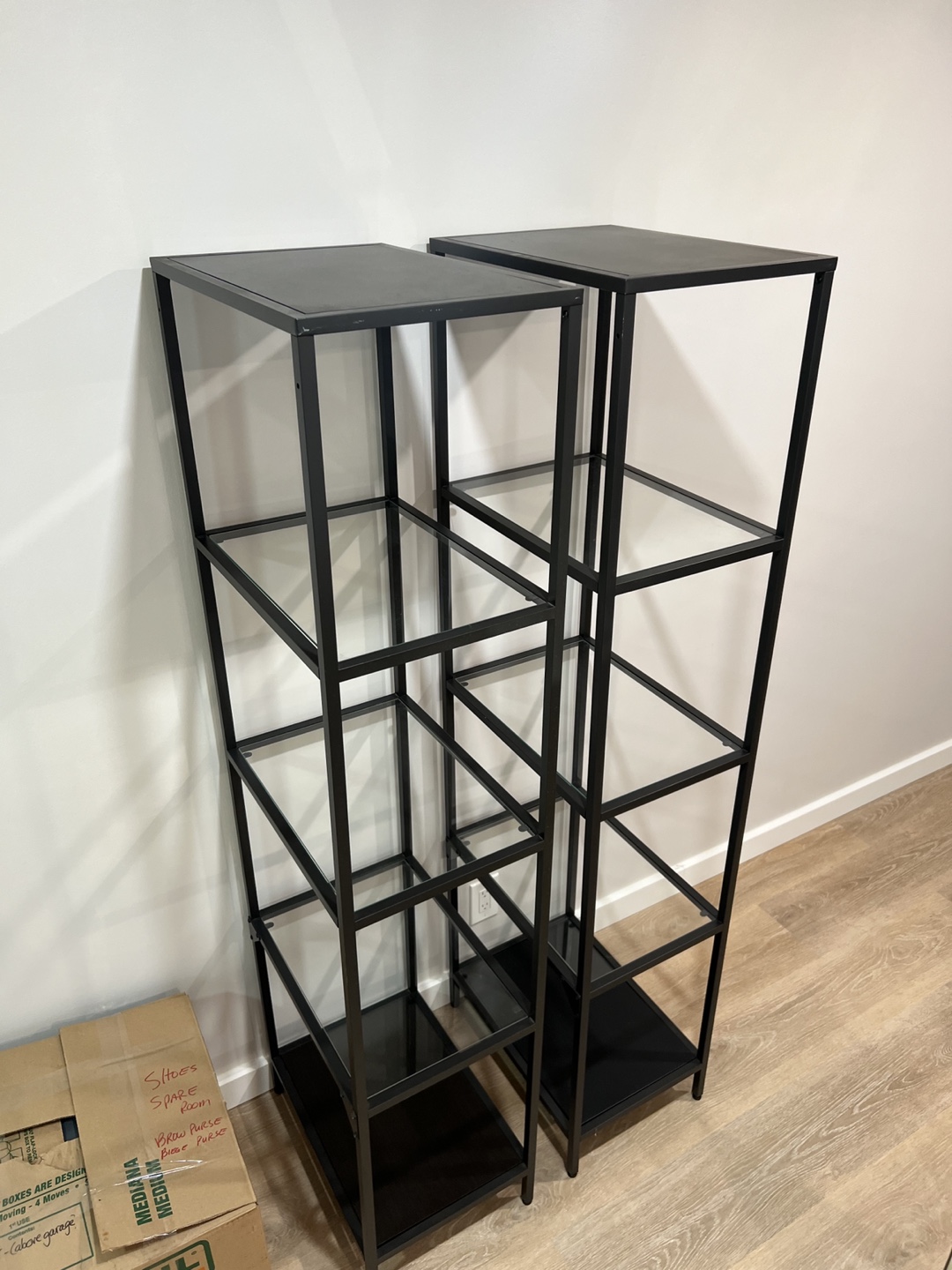 Pair of Black Metal and Glass Shelving Units