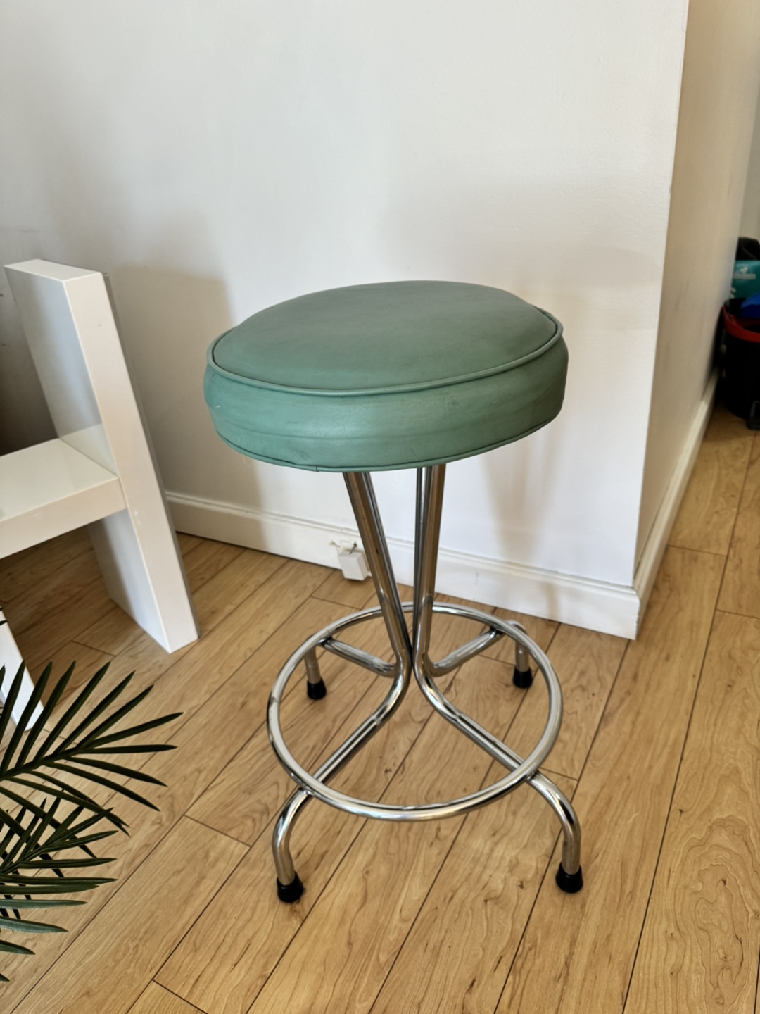 Pair of Vintage Chrome and Teal Upholstered Bar Stools - photo 2