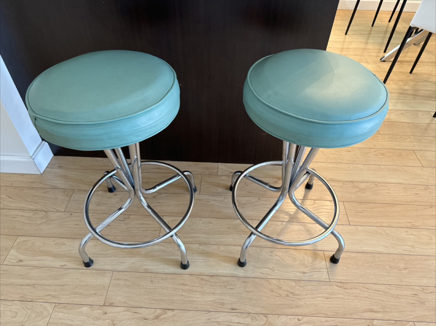 Pair of Vintage Chrome and Teal Upholstered Bar Stools