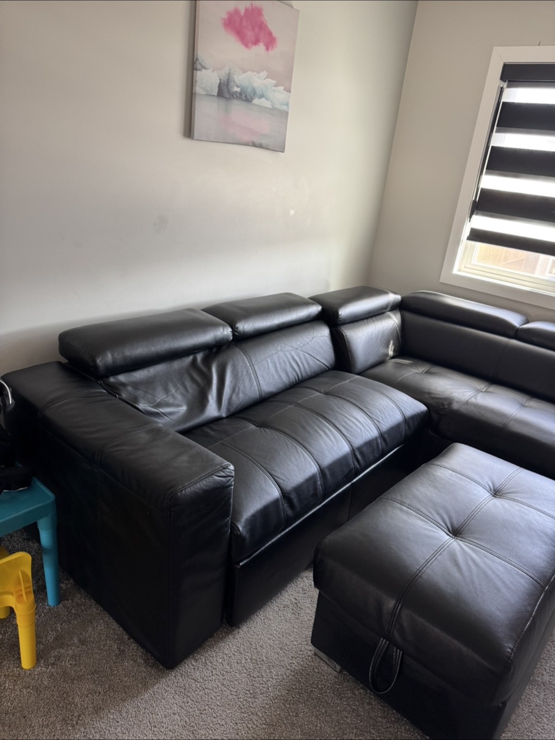 Black Leather L-Shaped Sectional Sofa with Ottoman