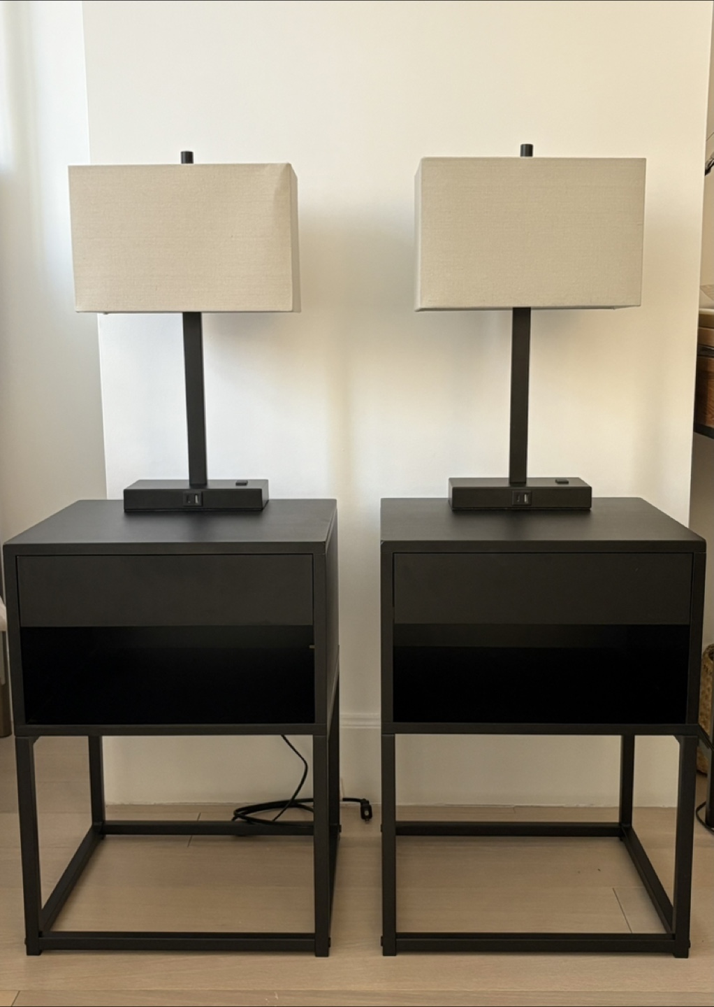 Metal and wood nightstands with touch control table lamps