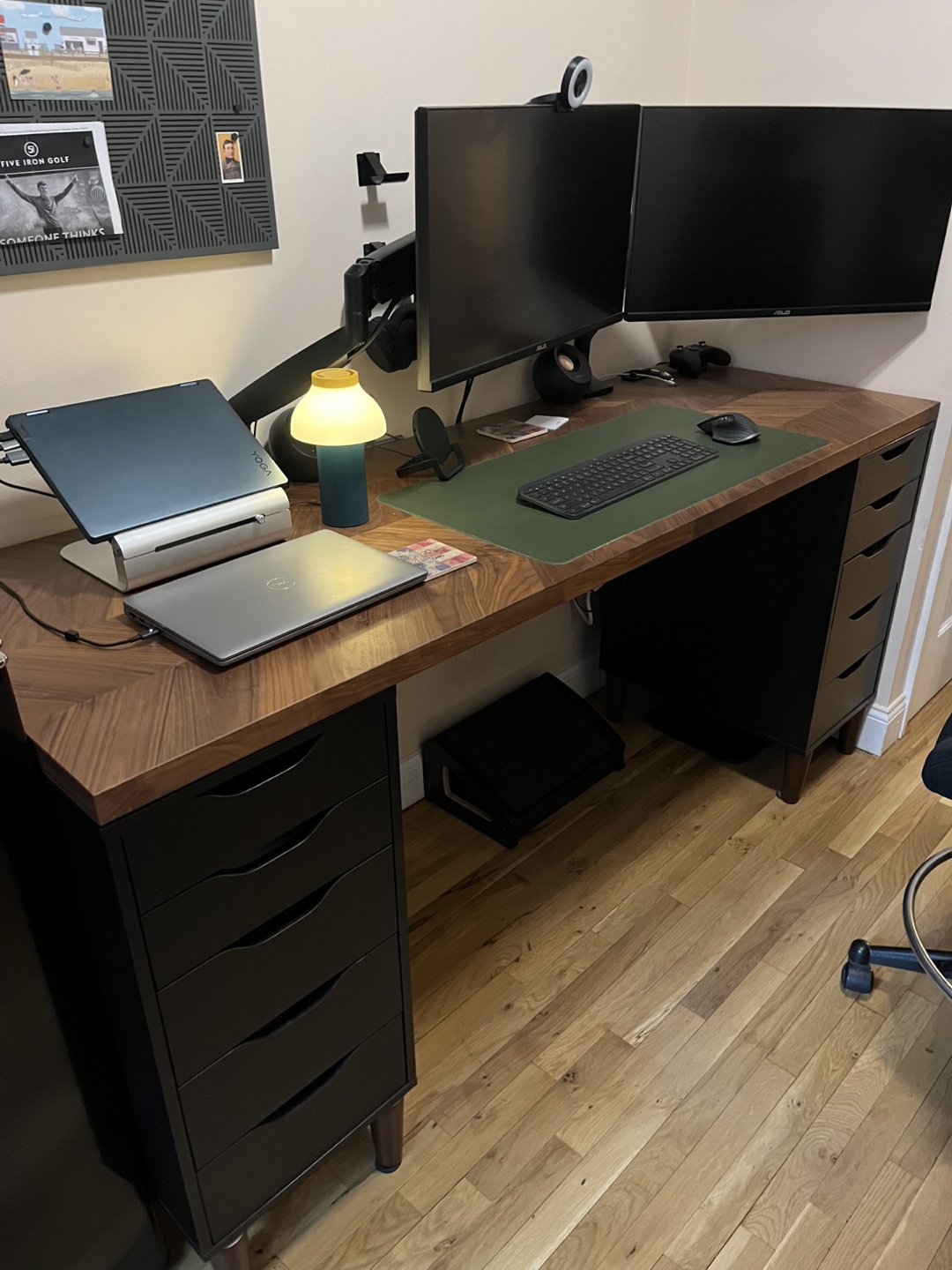 Walnut Top Home Office Desk with Drawers and Ergonomic Chair
