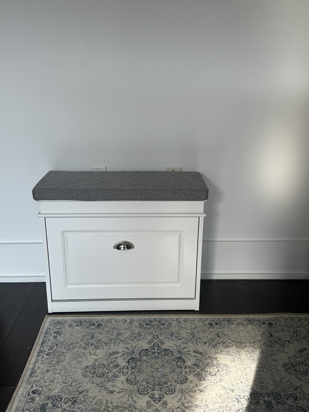 new and assembled cushioned shoe storage bench