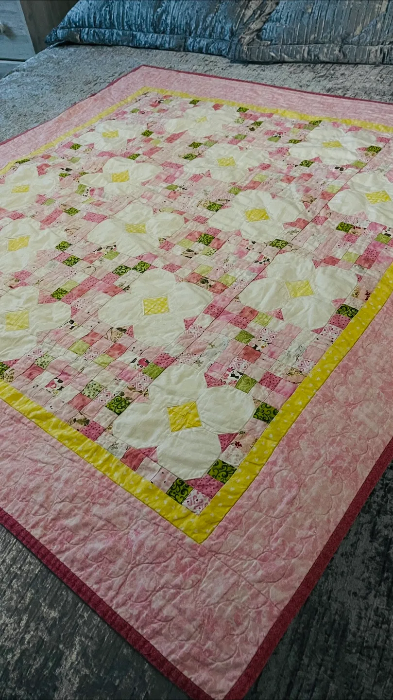 Handmade patchwork quilt, pink and yellow floral thumbnail