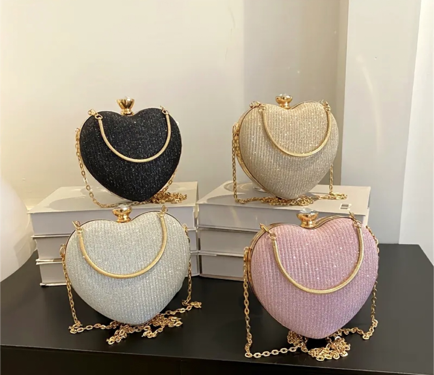 Heart-shaped sparkly evening bag