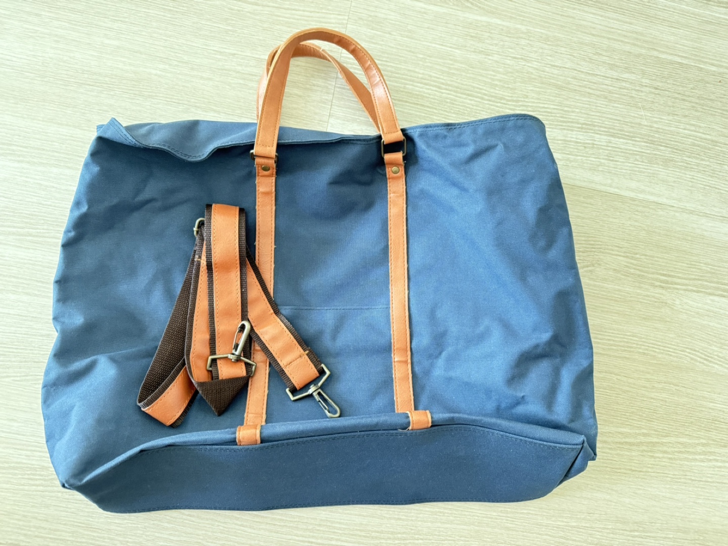 Navy Blue Canvas Duffel Bag with Leather Trim - photo 3