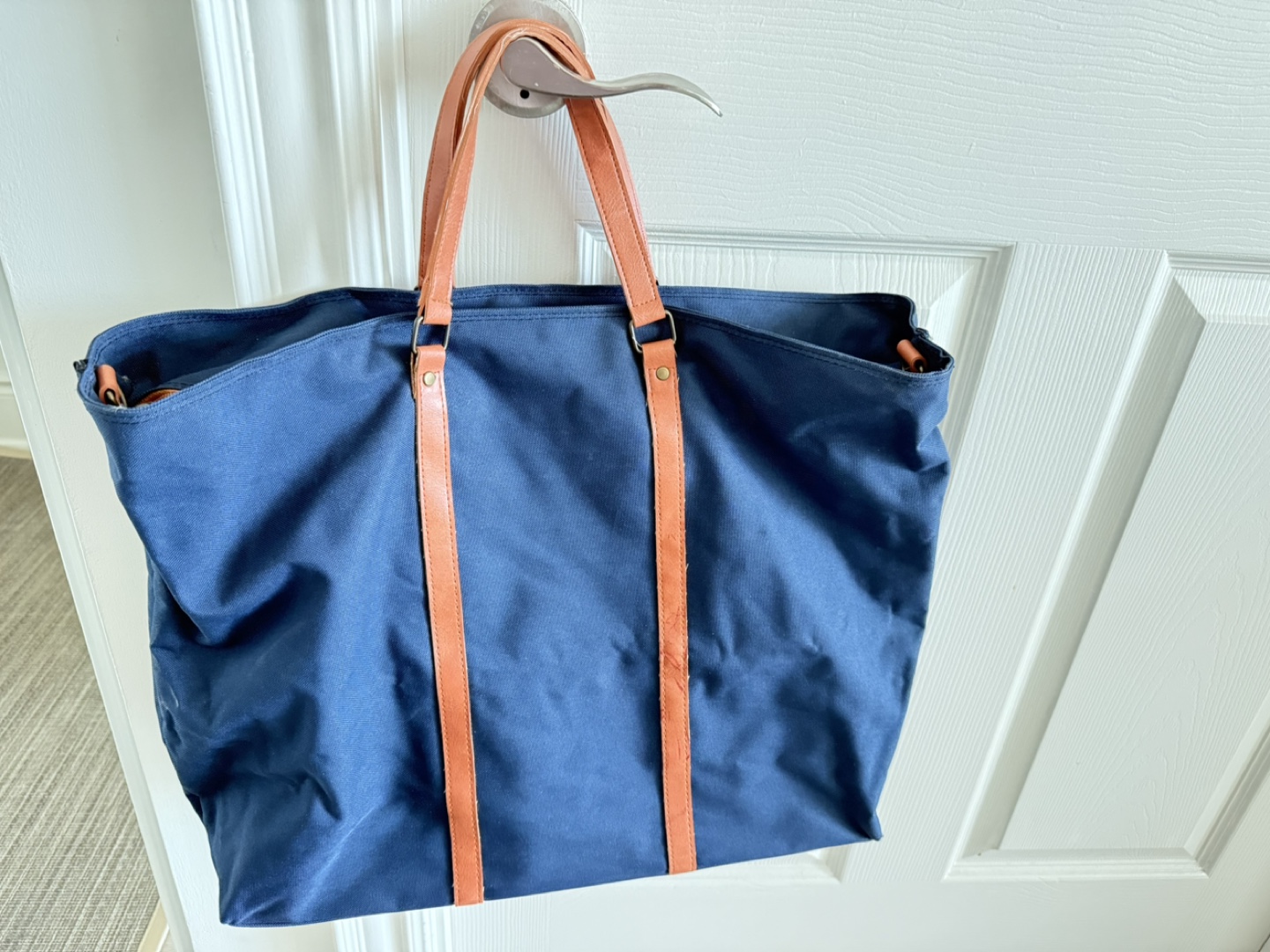 Navy Blue Canvas Duffel Bag with Leather Trim