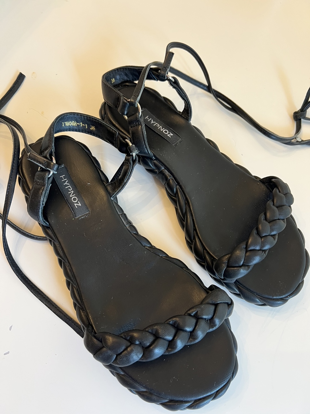 Hypnoz Black Braided pure real Leather Sandals with Ankle Ties - photo 3